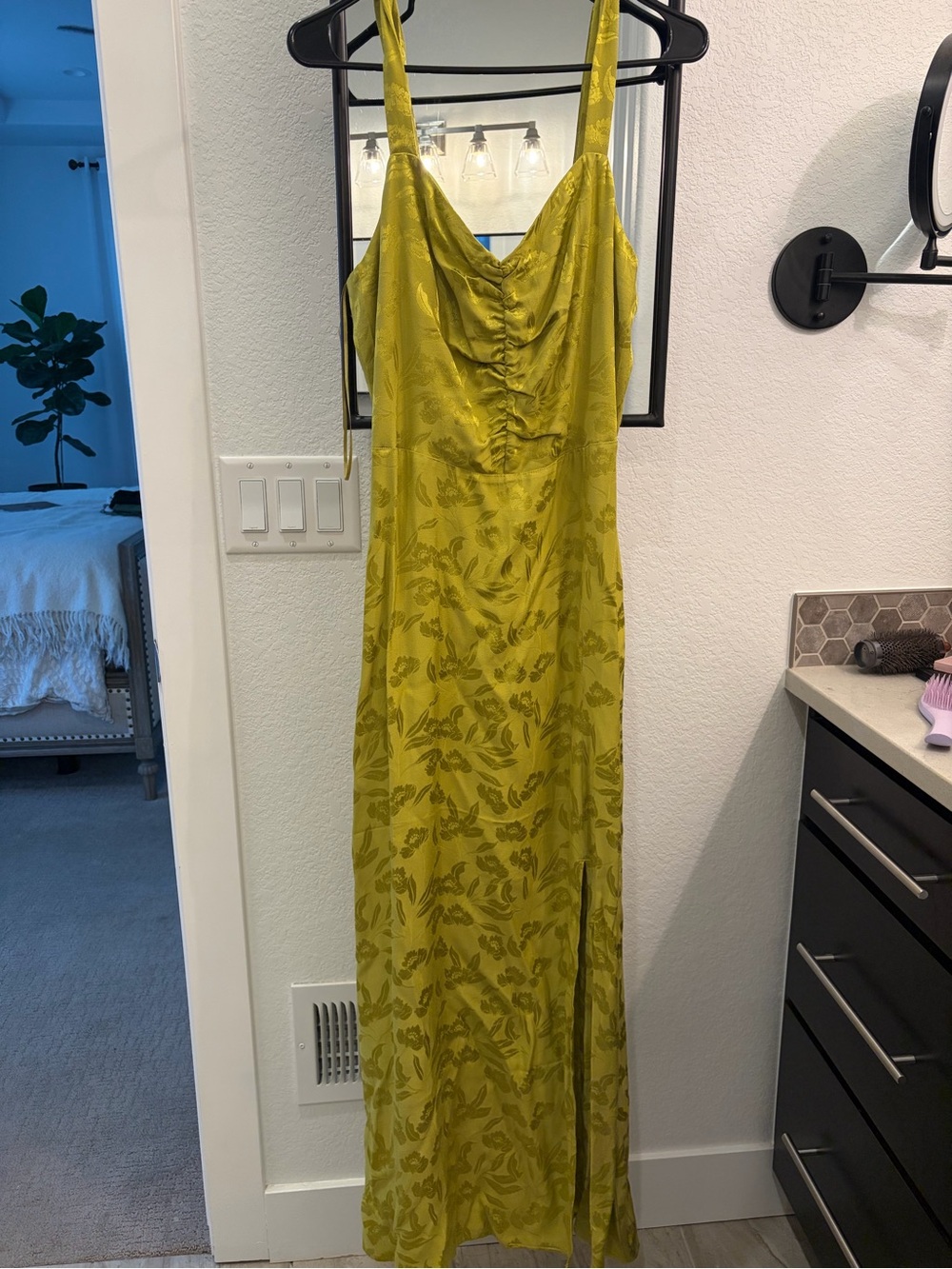Favorite Daughter Olive Green Satin Floral Slip Dress